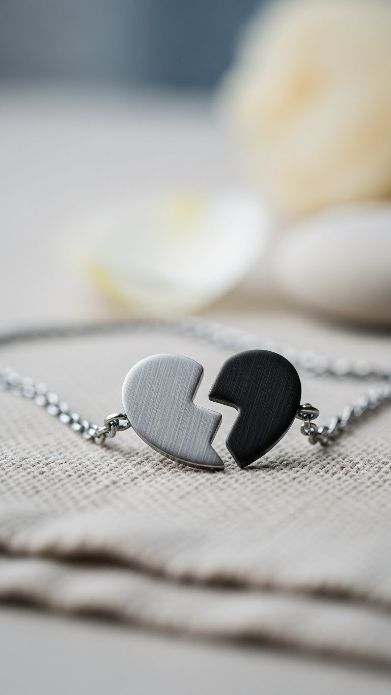 Matching couple's puzzle piece necklace resting on soft linen fabric with romantic soft natural window lighting