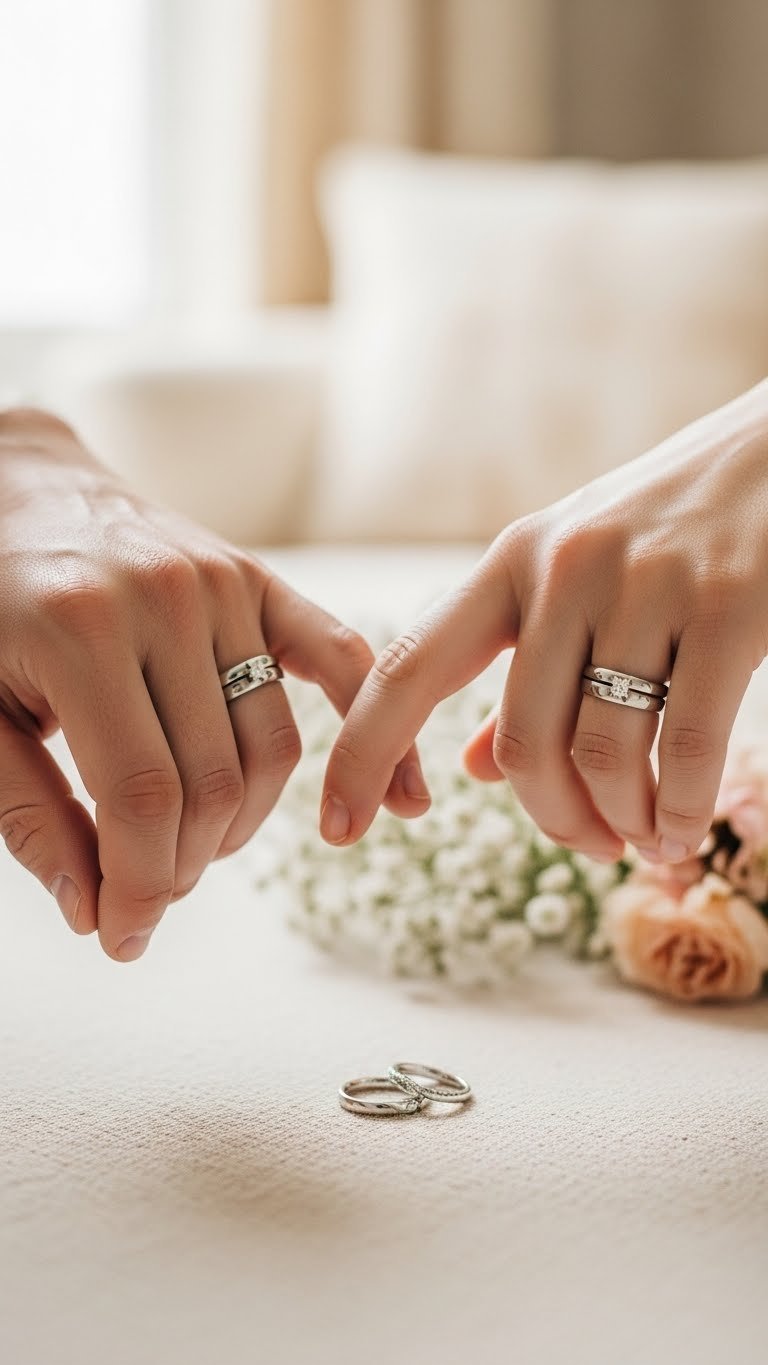 Matching couples rings on two hands gently touching with soft romantic lighting and linen background