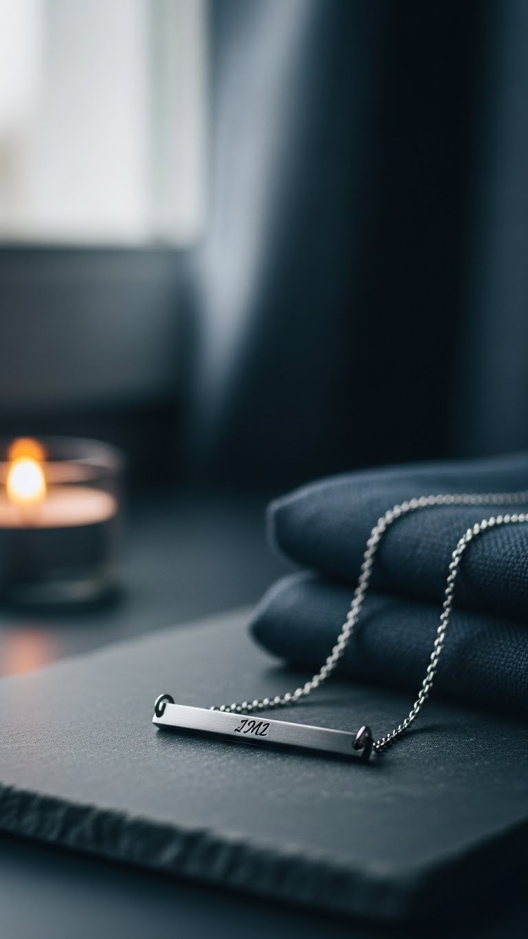 Matte black engraved bar pendant necklace resting on smooth dark stone surface with soft natural window lighting