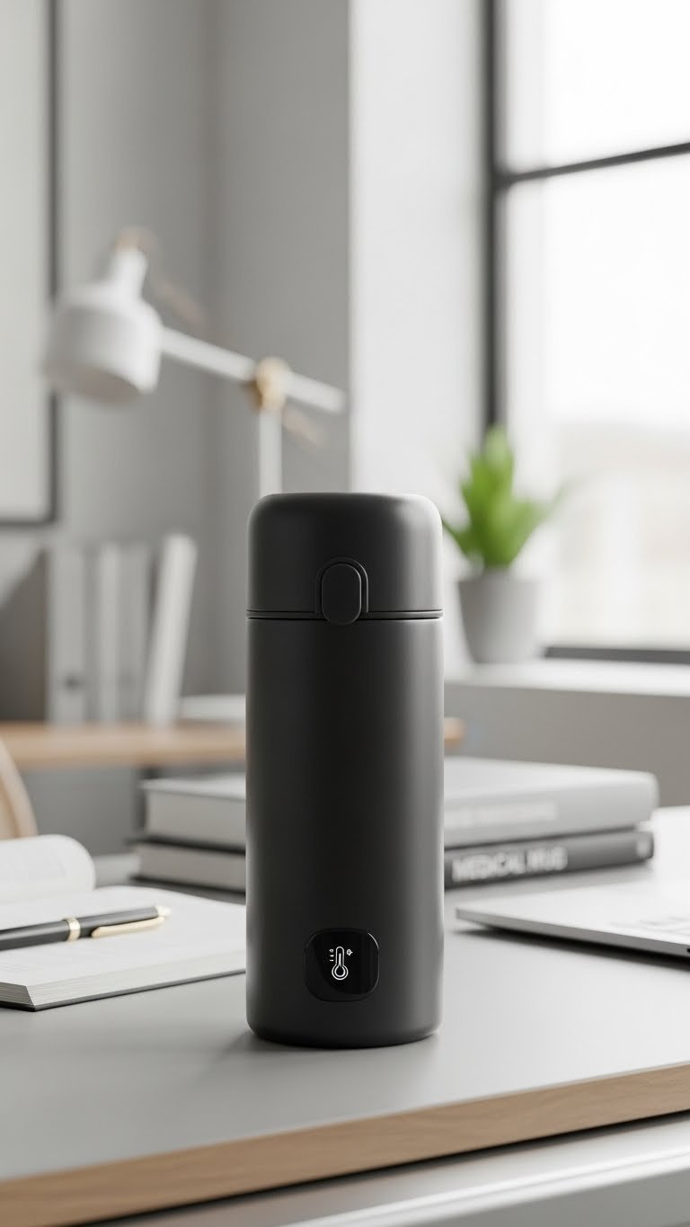 Matte black smart insulated mug resting on minimalist desk in modern professional workspace setting