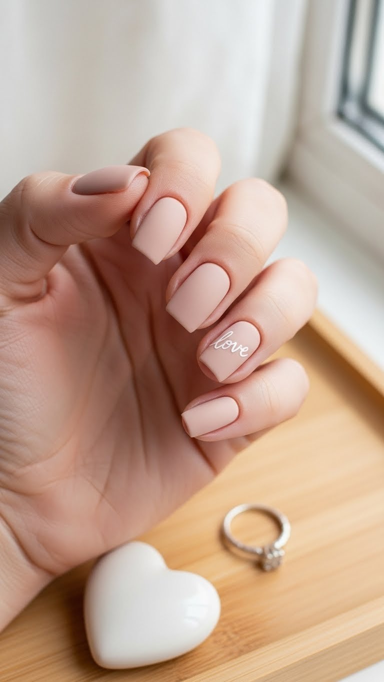 Matte nude square nails featuring delicate love script on light wooden tray with white ceramic heart