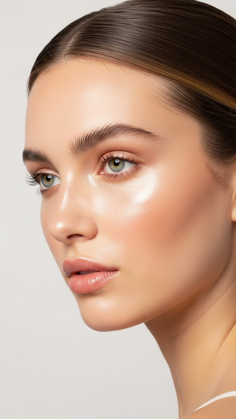 Medium close-up portrait of woman with radiant glowing skin makeup, natural flush, and soft highlights against bright background