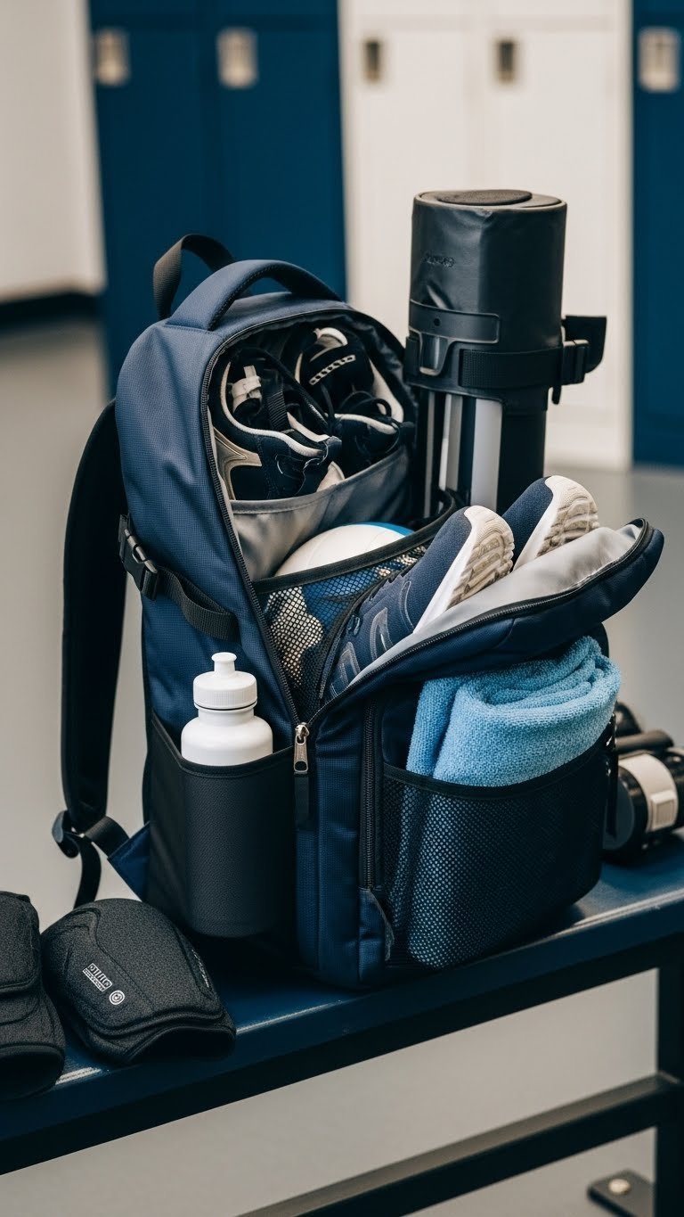 Medium shot of navy volleyball backpack unzipped showing organized compartments with gear on gym floor