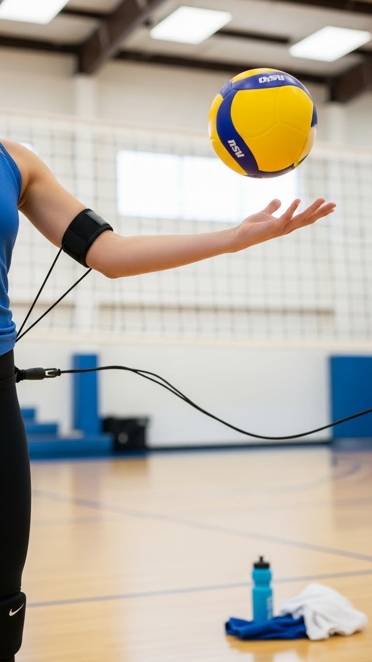 Medium shot of solo volleyball trainer device with elastic cord attached to ball mid-air during indoor court practice