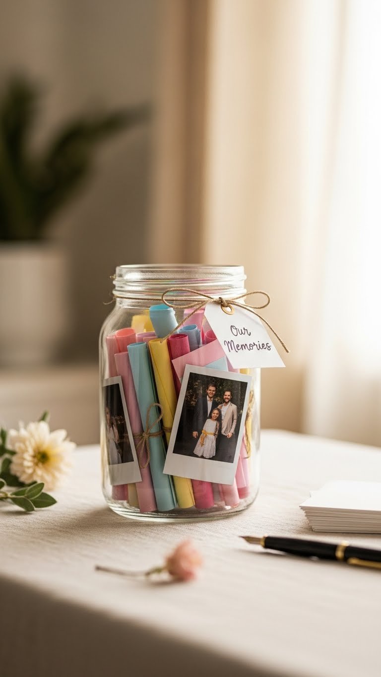 Memory jar filled with colorful slips of paper and miniature photos adorned with ribbon on linen tablecloth.