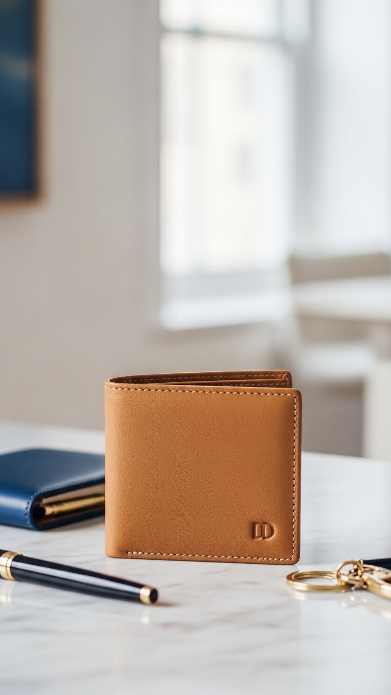Men's Italian leather bifold wallet on marble countertop with fountain pen and soft bokeh office background