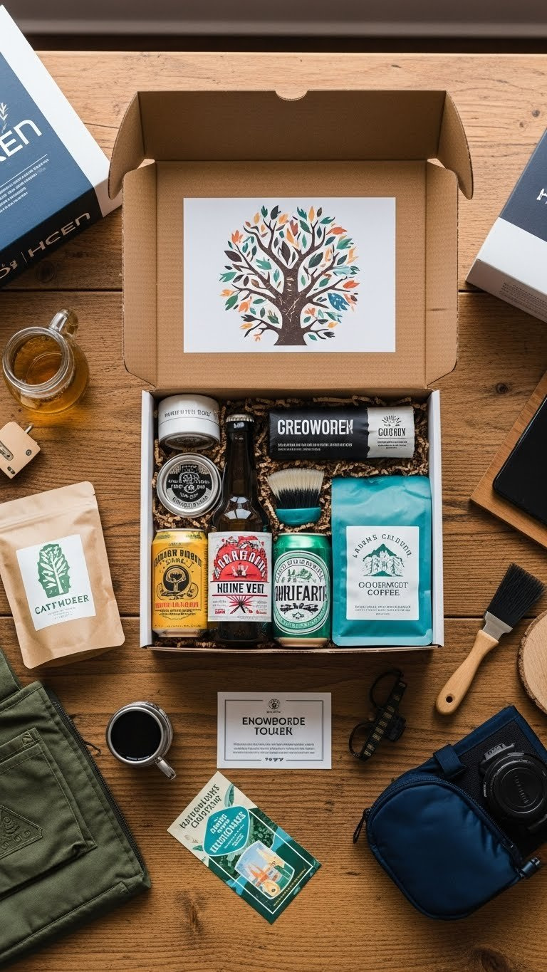 Men's hobby subscription box open revealing curated craft beer items