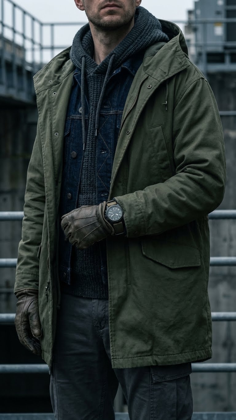 Men's layered urban utility outfit: knit hoodie, denim jacket, utility coat, with watch & gloves, industrial backdrop.