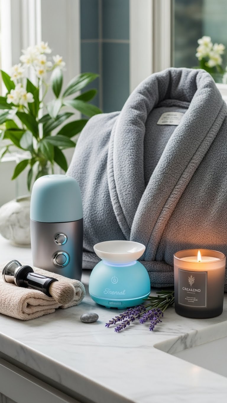 Men's relaxation essentials including shaving kit, plush robe, and essential oil diffuser on marble countertop for self-care