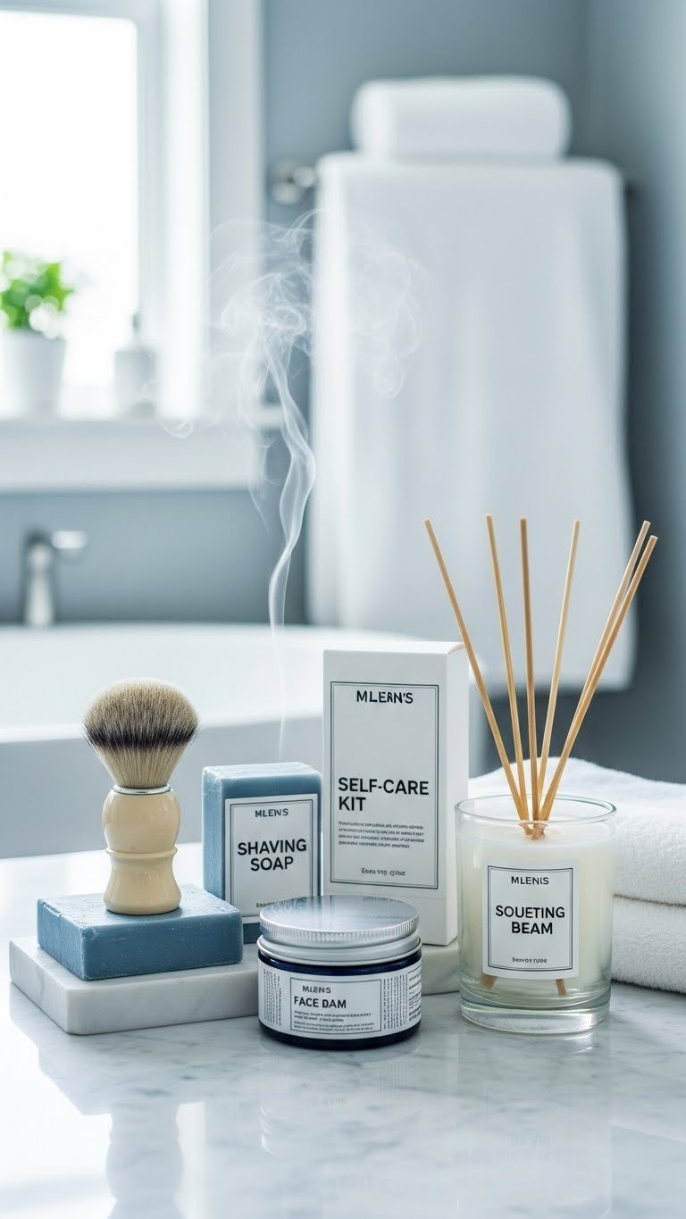 Men's self-care collection with shaving brush, artisanal soap, and face balm on marble counter