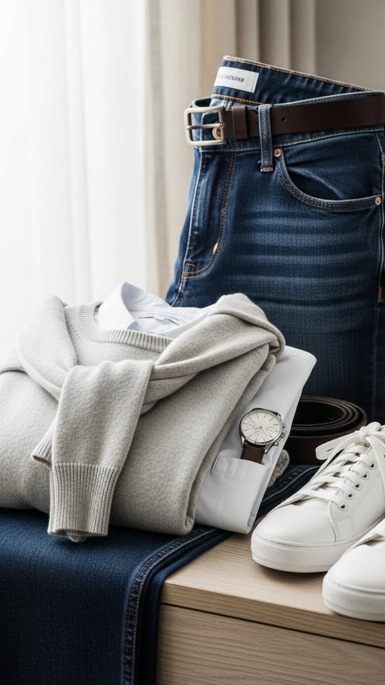 Men's versatile apparel featuring folded sweater, dark jeans, and button-down shirt on wooden surface