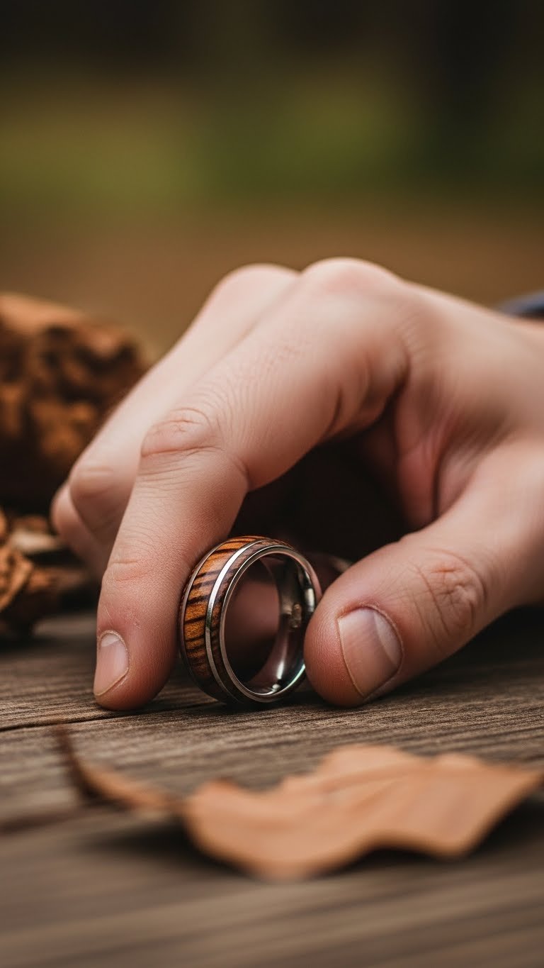 Men's wooden ring with silver metal inlay showcasing natural textures in rustic outdoor environment