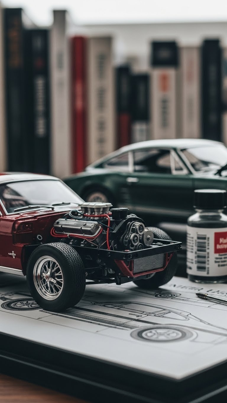 Meticulously detailed scale model car with glossy paint finish and visible engine components on minimalist display shelf with soft window light.