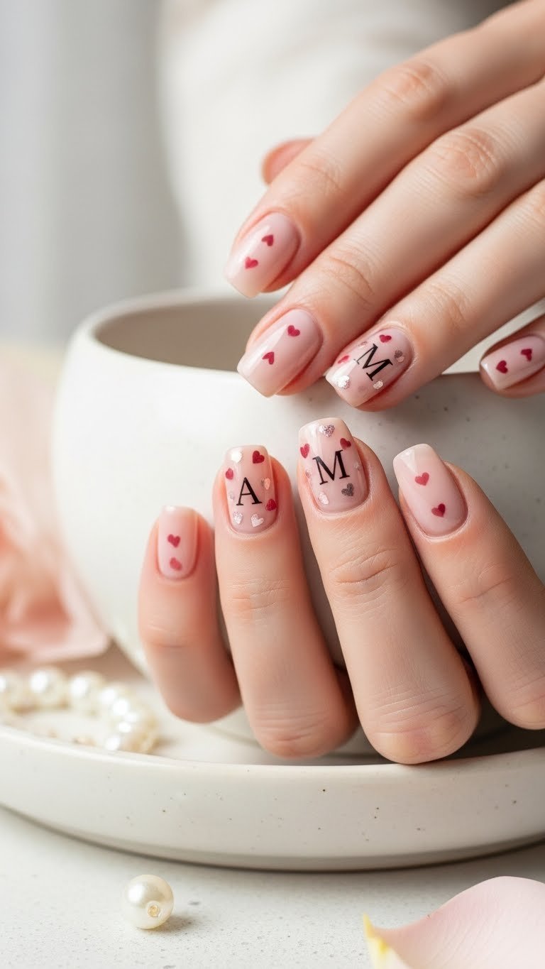 Meticulously manicured hand with delicate initials AM in muted pink polish featuring tiny shimmer hearts against soft ceramic surface