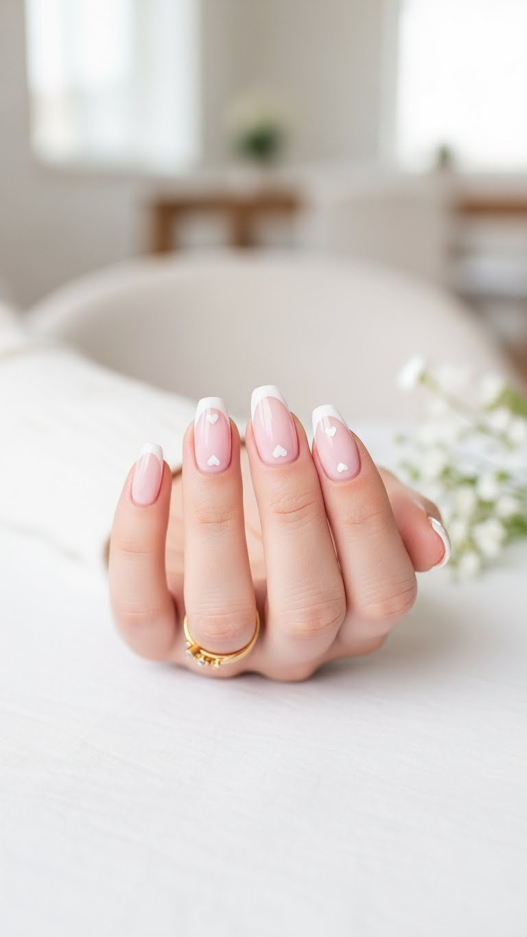Micro French tip nails with delicate heart accents on soft pink base against white linen backdrop with gold ring