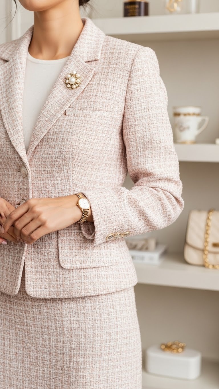 Mid-shot of a tailored pink tweed skirt suit with pearl brooch in minimalist room interior with soft daylight