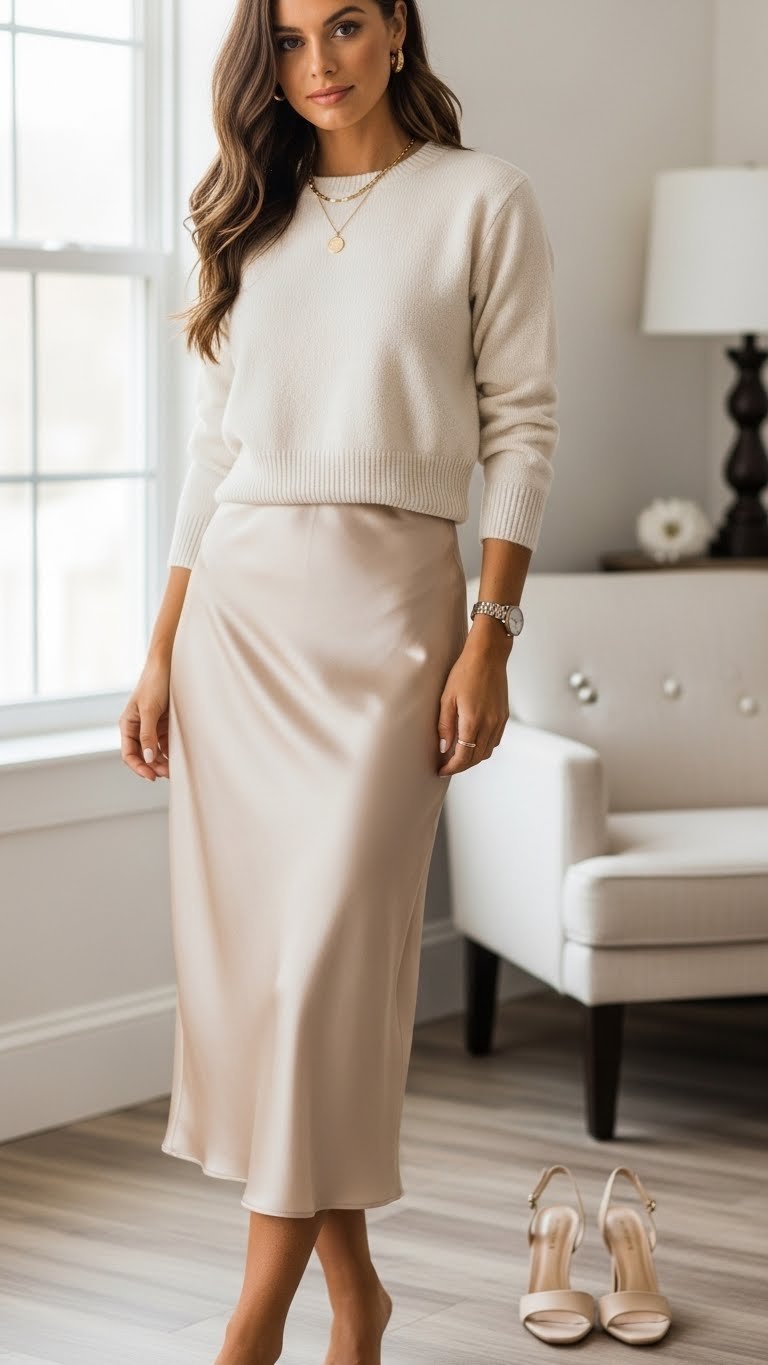 Mid-shot of champagne satin midi skirt with cream knit top and gold necklace in romantic soft lighting