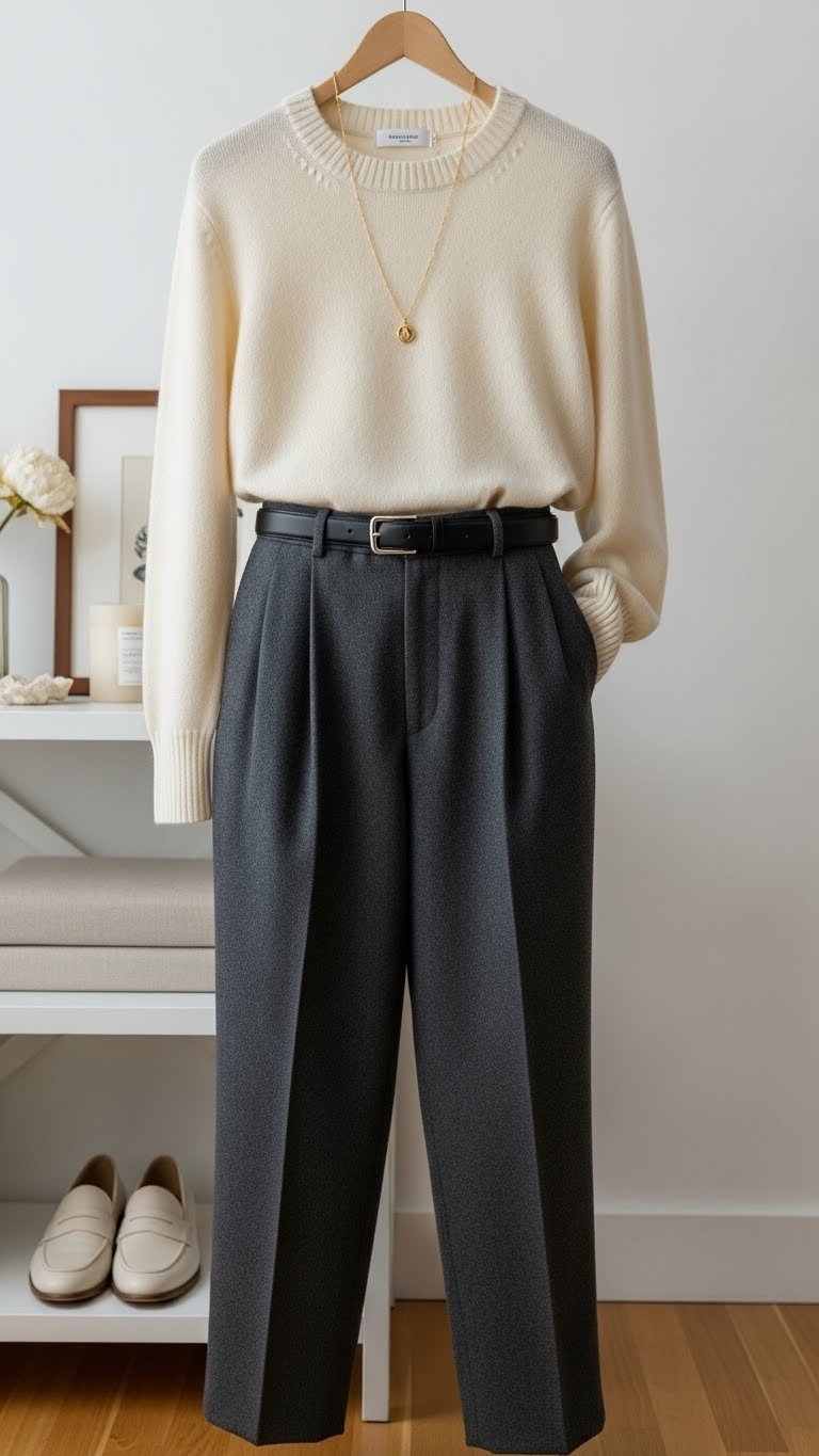 Mid-shot of cream cashmere sweater with dark grey wool trousers and gold necklace in cozy natural lighting