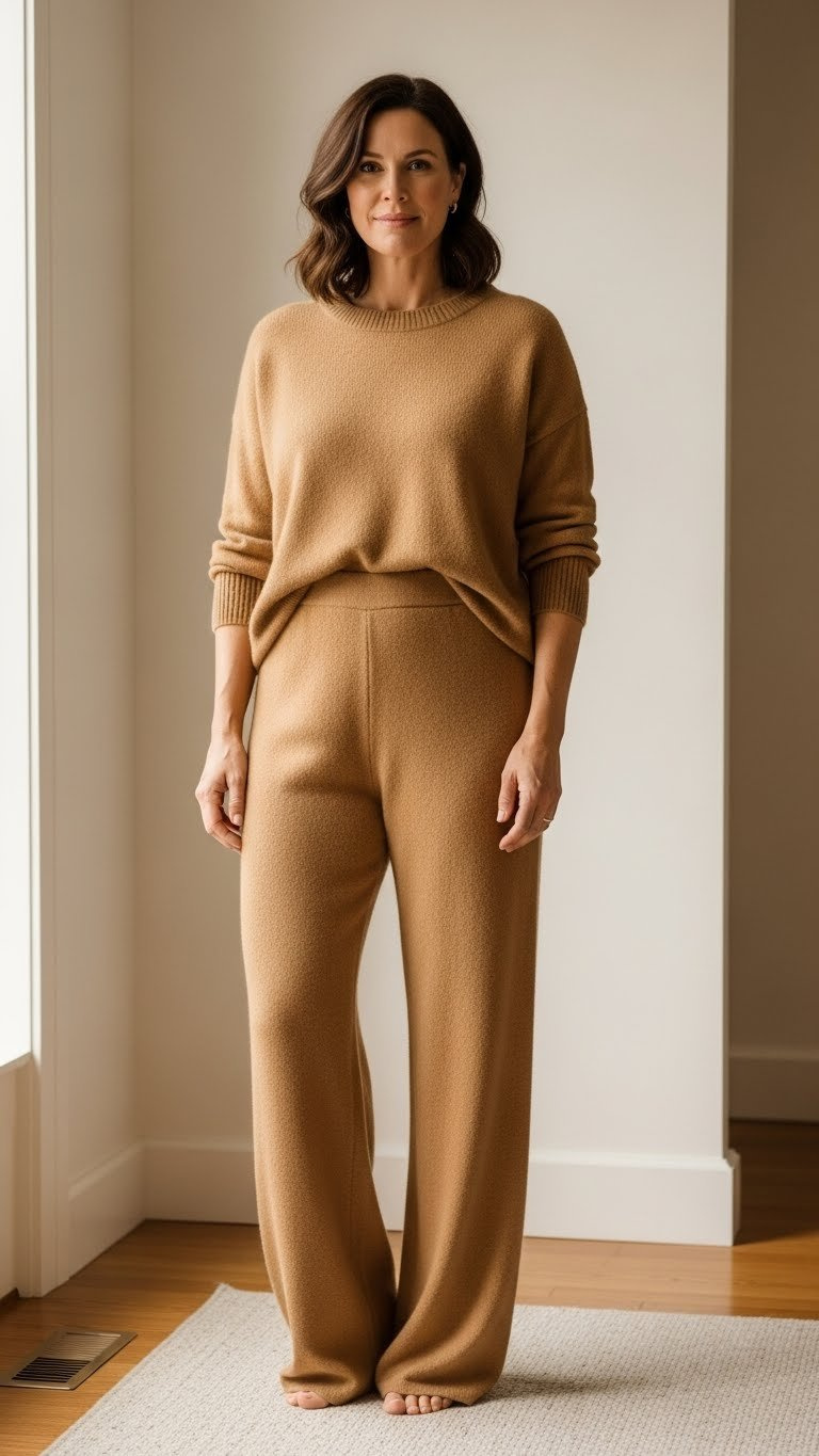 Midsize woman in a monochromatic camel knit sweater and wide-leg trousers, showcasing elegant comfort in natural light.