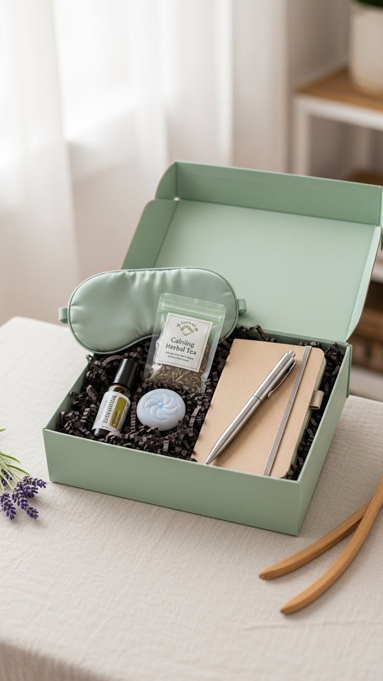 Mindfulness gift box containing essential oil rollerball, worry stone, and journal on linen surface