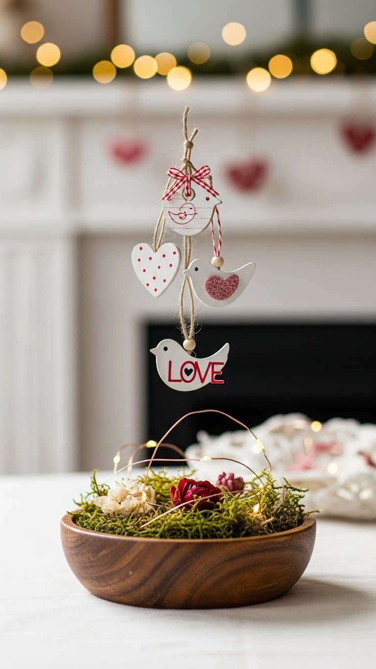 Mini wooden Valentine's Day ornaments with tiny hearts and LOVE cutouts hanging from delicate branch in rustic bowl