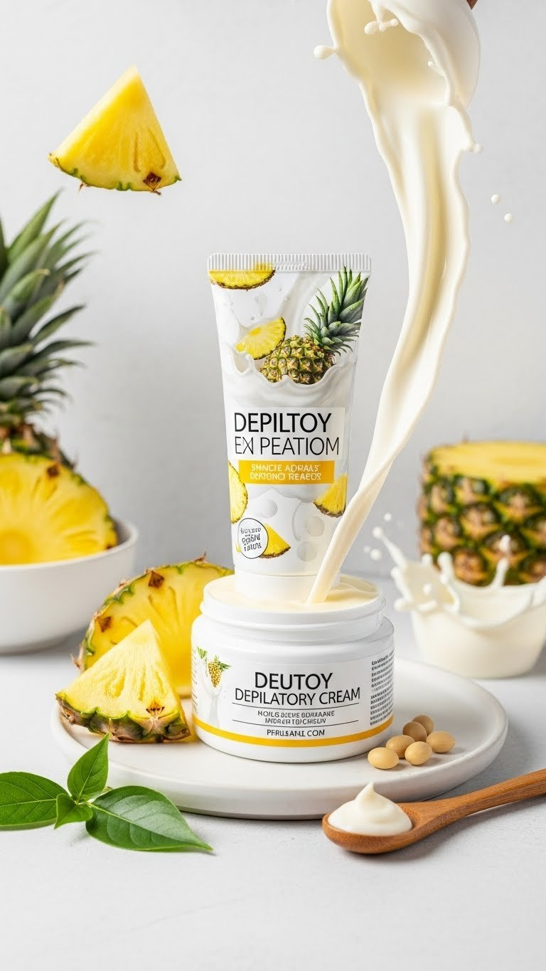 Minimalist Japanese depilatory cream with pineapple and soy milk ingredients on ceramic surface with fresh botanical elements