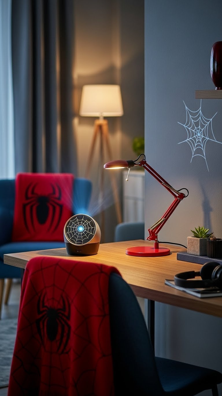 Minimalist Spiderman home decor including web-slinger desk lamp and projector casting web pattern