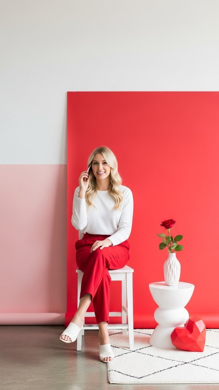 Minimalist Valentine's Day backdrop with pink and red color blocking and clean modern aesthetic