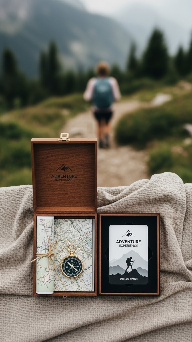 Minimalist adventure gift card with mountain climber graphic in elegant wooden box against hiking trail background