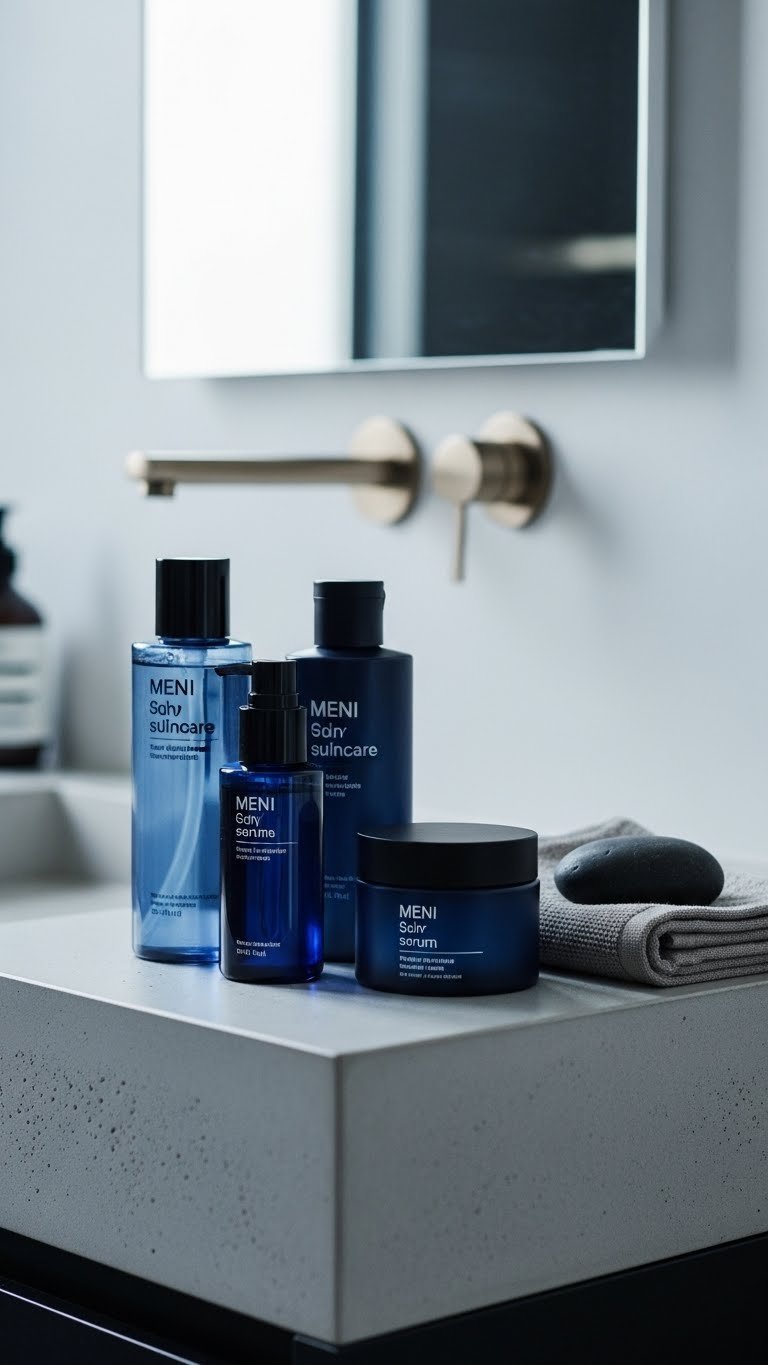 Minimalist arrangement of premium men's Korean skincare bottles on polished concrete vanity with soft natural lighting.