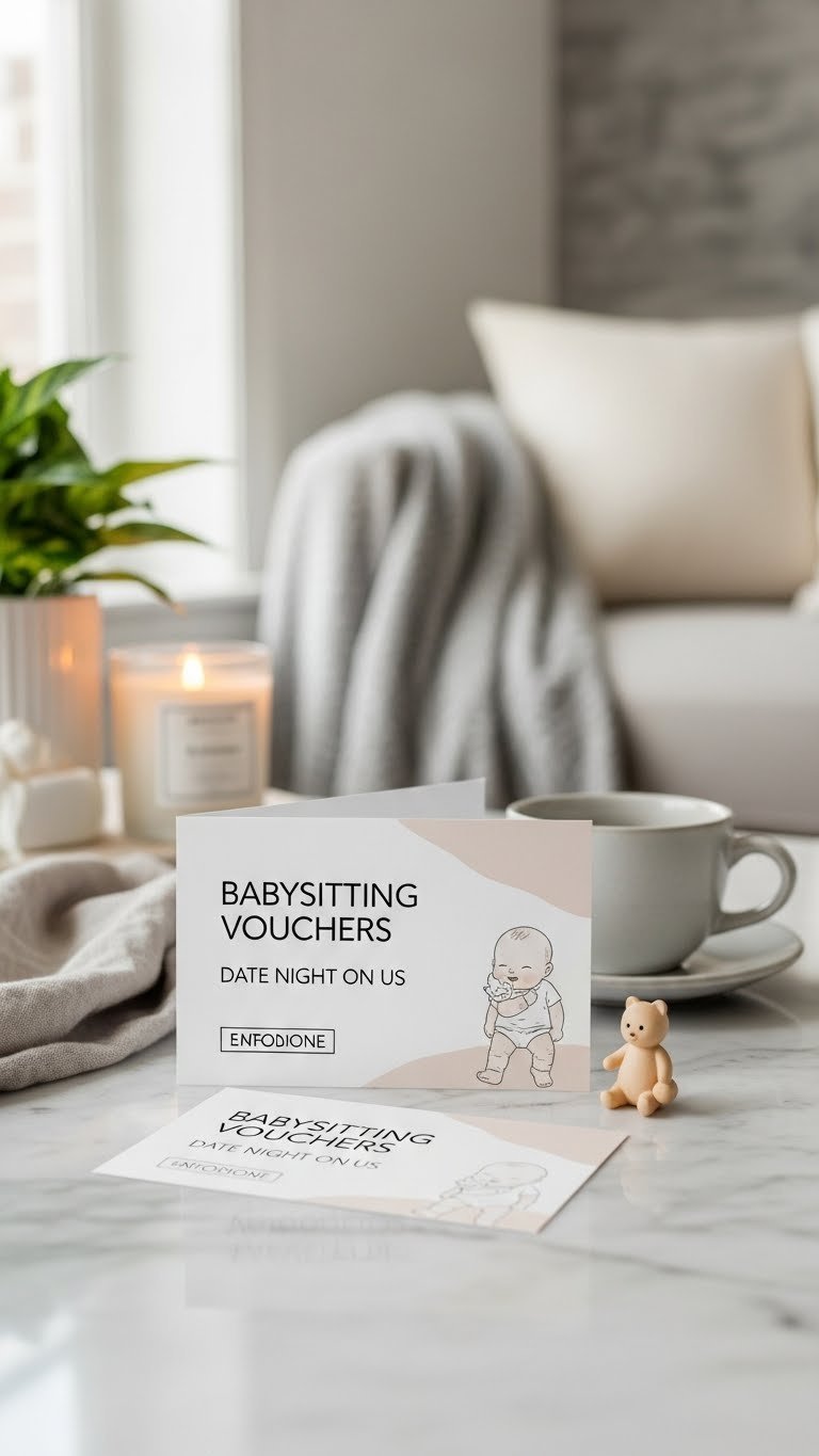 Minimalist babysitting voucher card with tiny baby toy implying relaxation and date night freedom for parents