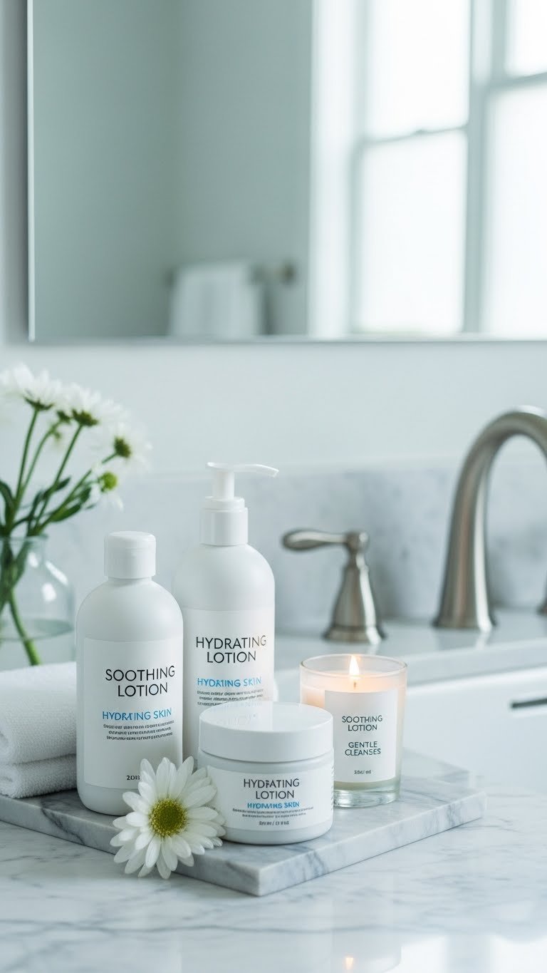 Minimalist bathroom counter with hydrating skincare products arranged for post-IPL soothing care