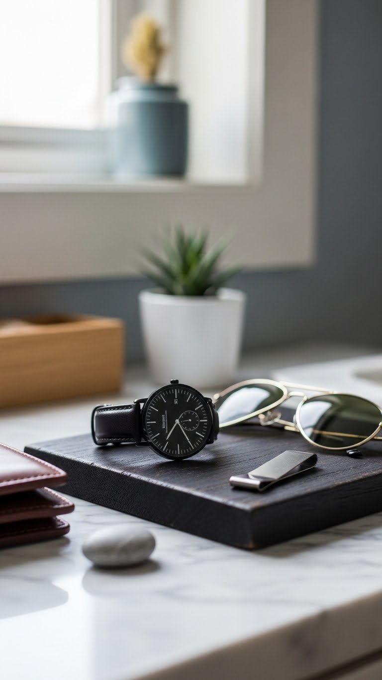Minimalist black-faced wristwatch with leather strap resting on dark wooden surface with aviator sunglasses