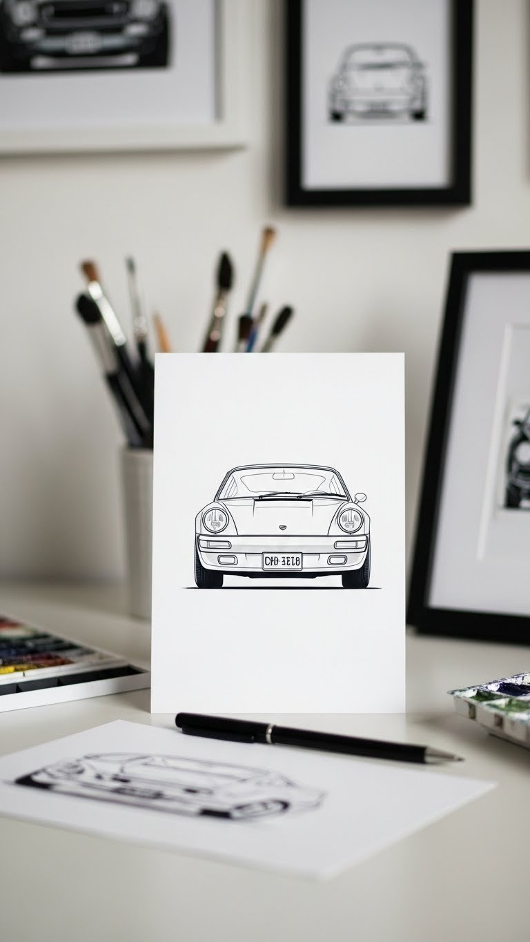 Minimalist blueprint-style digital illustration of classic car with custom license plate on art studio desk