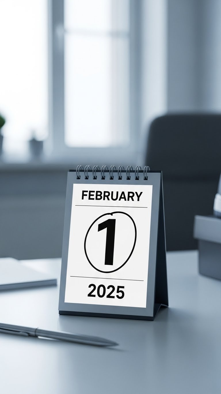 Minimalist calendar close-up with highlighted February 1st 2025 date for exclusive sneaker release on neutral desk background