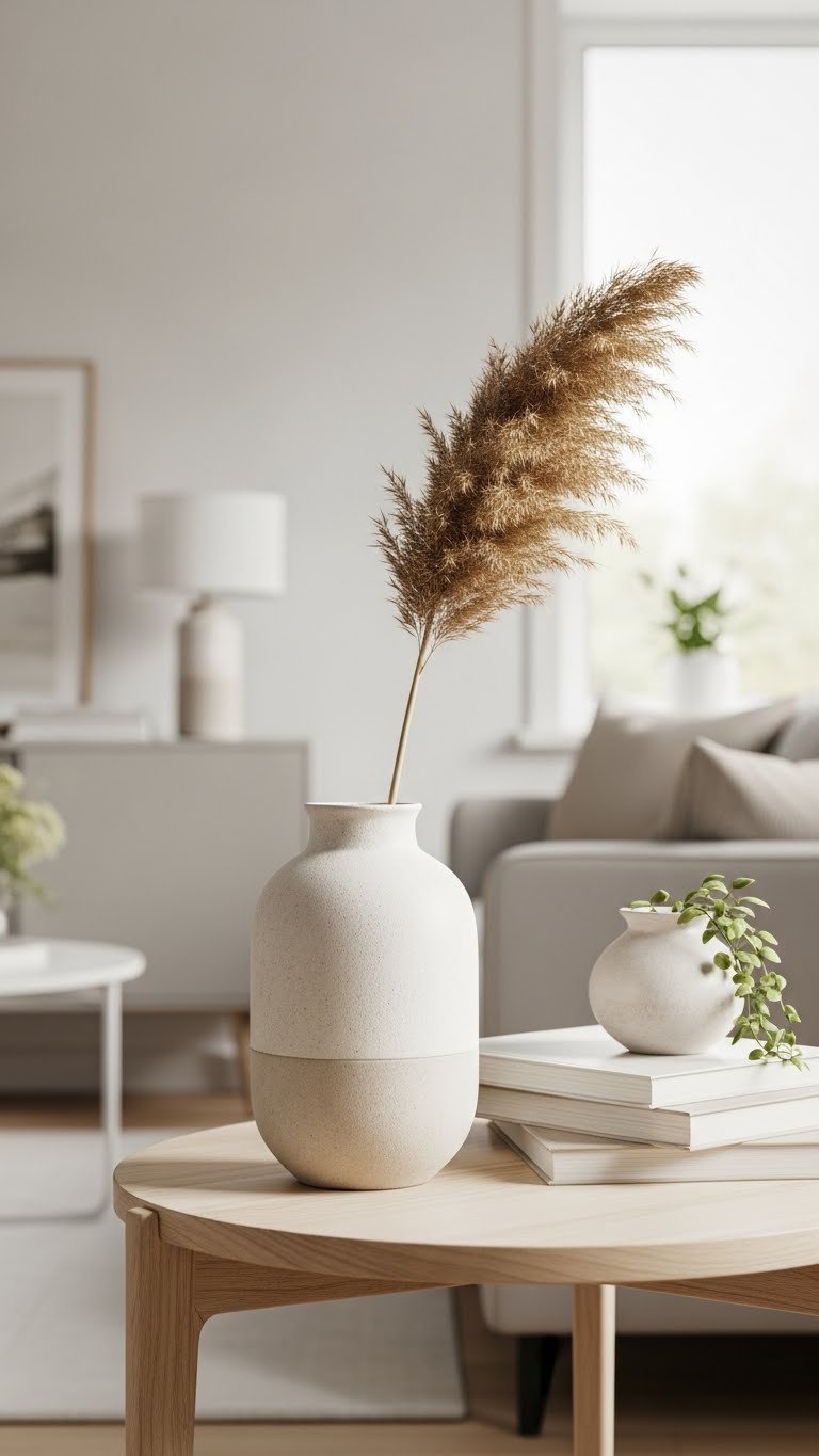 Minimalist ceramic vase with dried pampas grass on wooden side table in Scandinavian-inspired bright living room.