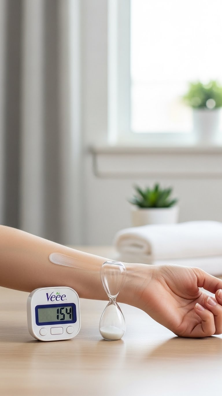 Minimalist close-up showing digital timer next to Veet cream applied skin patch on wooden surface