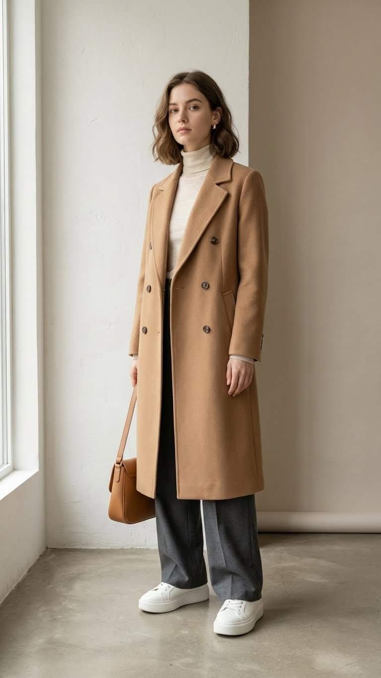 Minimalist college student in chic winter attire: camel wool coat, tailored wide-leg trousers, platform sneakers. Elegant style.