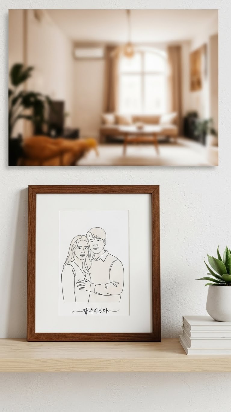 Minimalist custom line art portrait of couple in dark wooden frame against textured white wall.