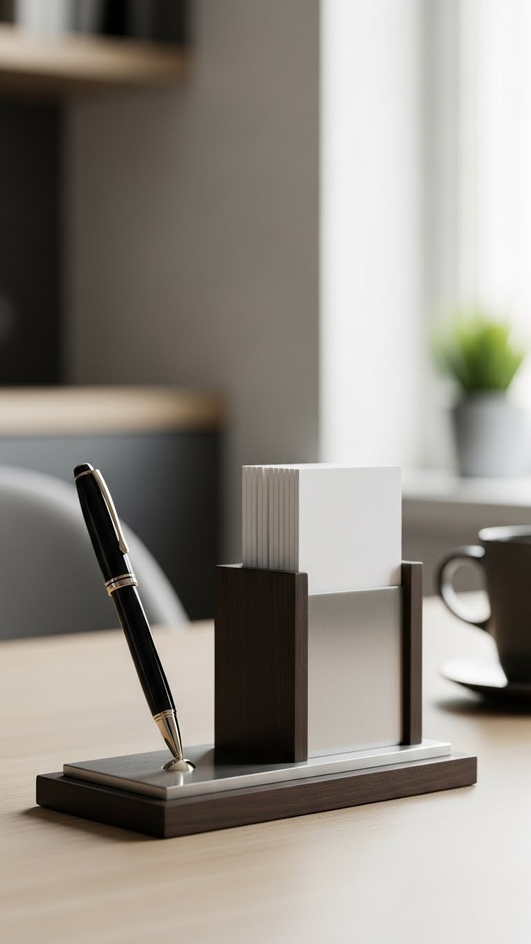 Minimalist dark wood desk organizer with fountain pen and notepads on light wooden desk surface
