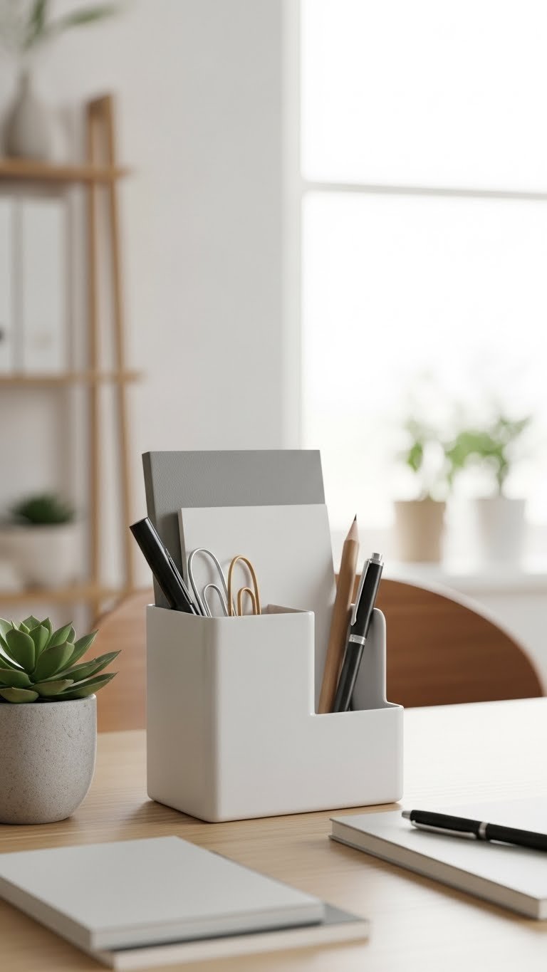 Minimalist desk organizer with neatly arranged office supplies on light wood surface featuring succulent and pen
