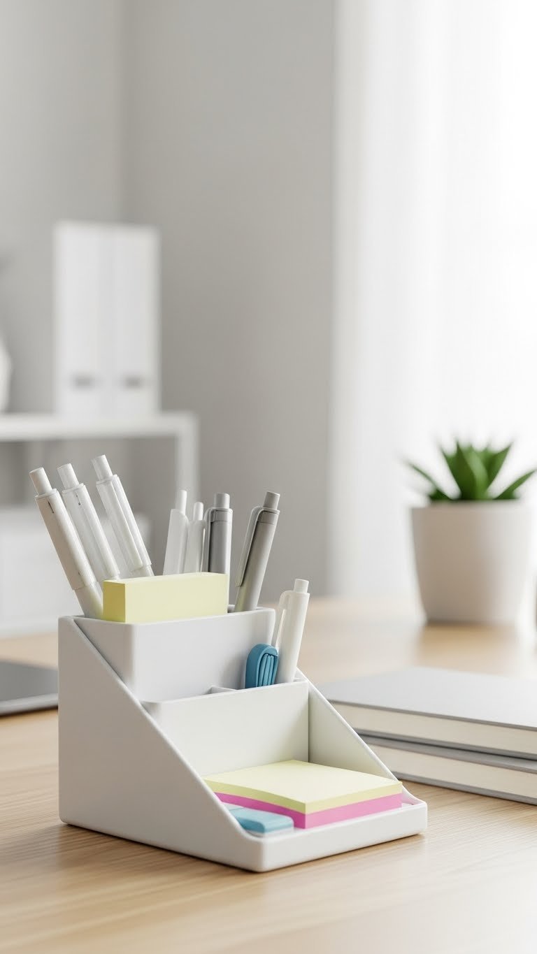 Minimalist desk organizer with pens and sticky notes arranged on light wood surface with soft bokeh background