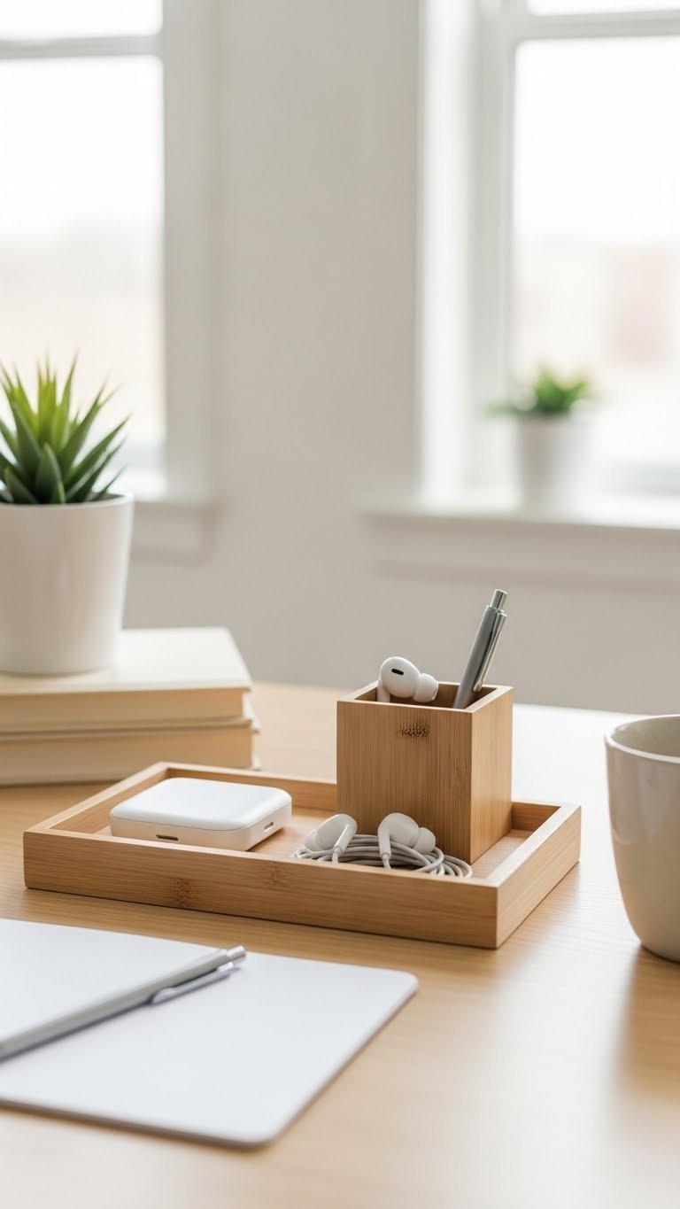 Minimalist desk setup with geometric wooden organizer holding wireless charging pad, premium earbuds, and stylish pen arranged on light wood surface.