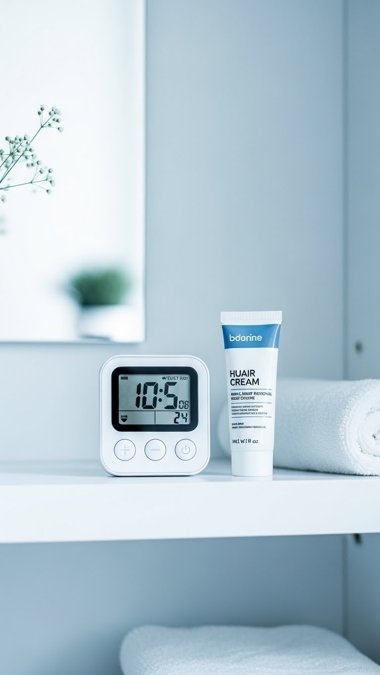 Minimalist digital timer countdown next to hair removal cream tube on clean white shelf