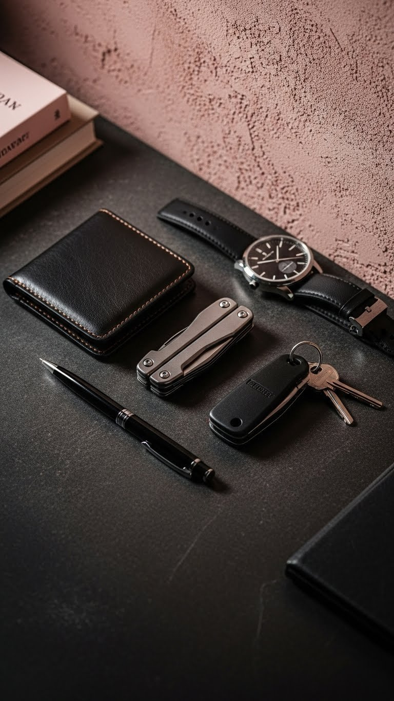 Minimalist everyday carry setup featuring leather wallet and multi-tool arranged on dark textured surface