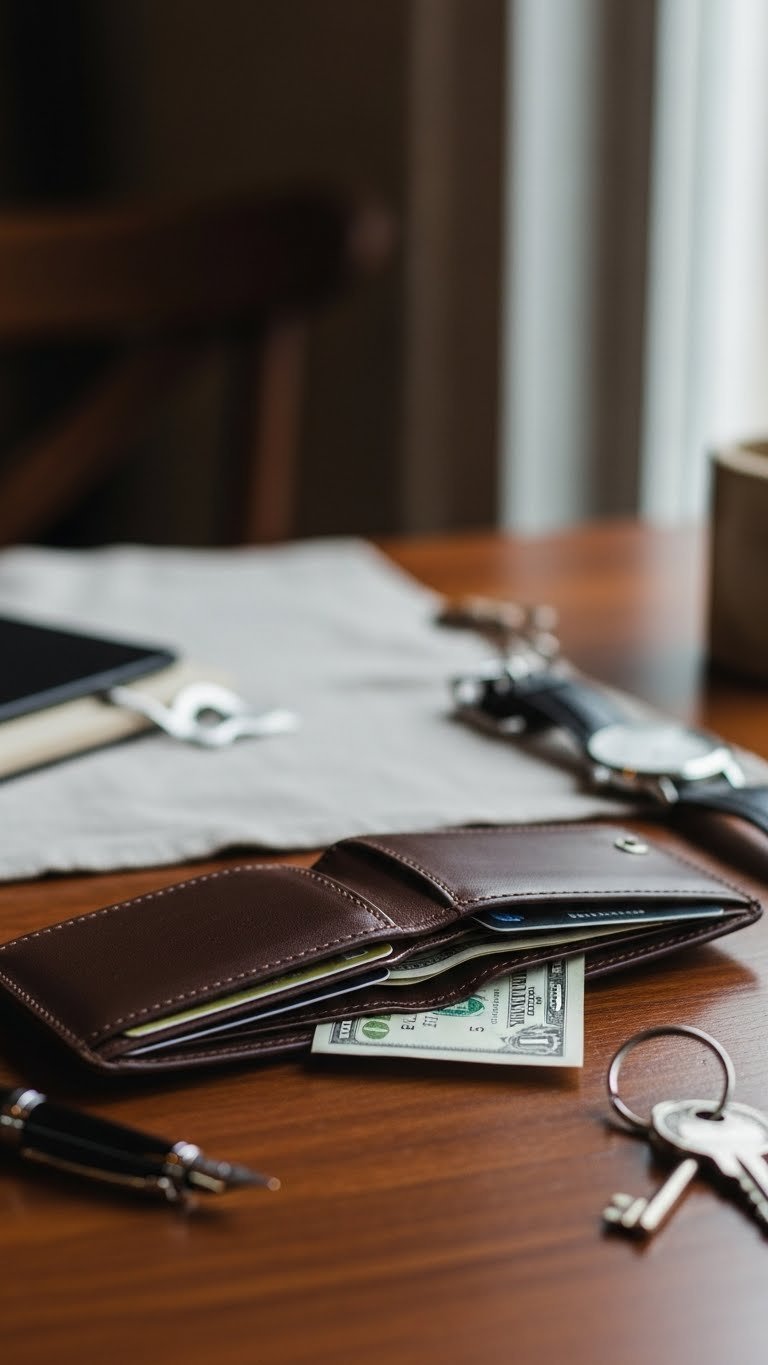 Minimalist full-grain leather bifold wallet subtly open revealing cards on dark wooden desk surface with fountain pen.