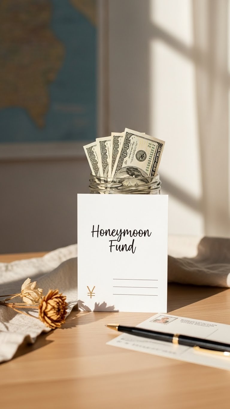Minimalist honeymoon fund jar with crisp dollar bills on light wooden surface surrounded by travel-themed decor