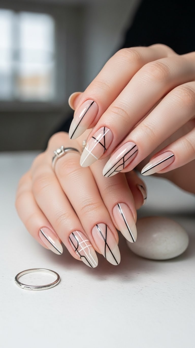 Minimalist line art almond nails with geometric black designs on sleek matte white background