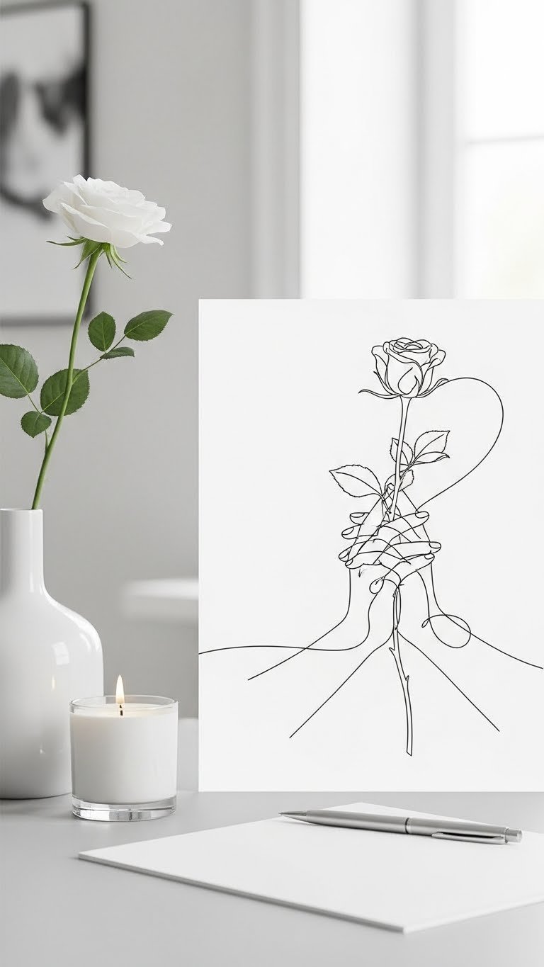 Minimalist love line art wallpaper with delicate continuous black lines forming abstract heart shapes on soft white background