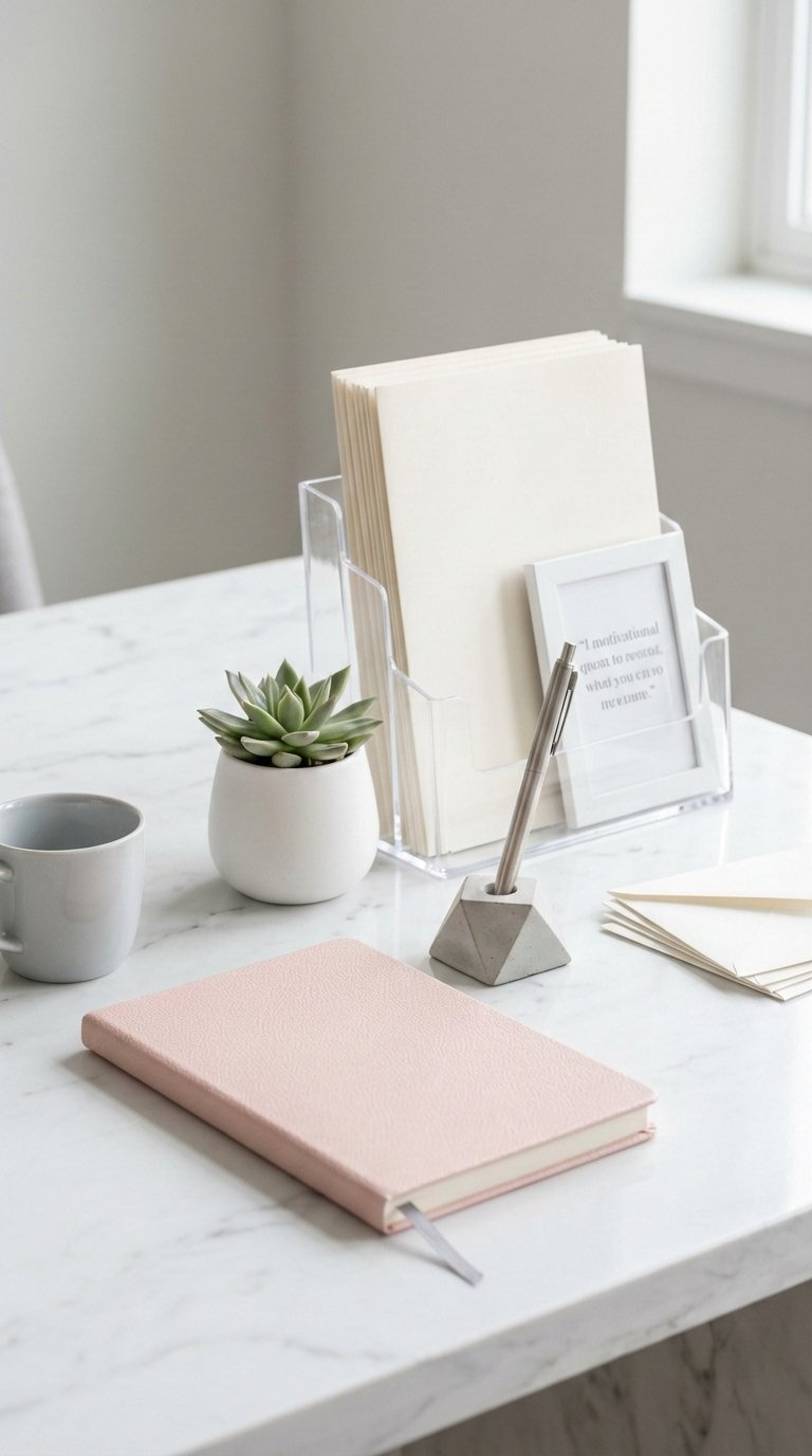 Minimalist modern desk setup with high-end office accessories for productive real estate workspace
